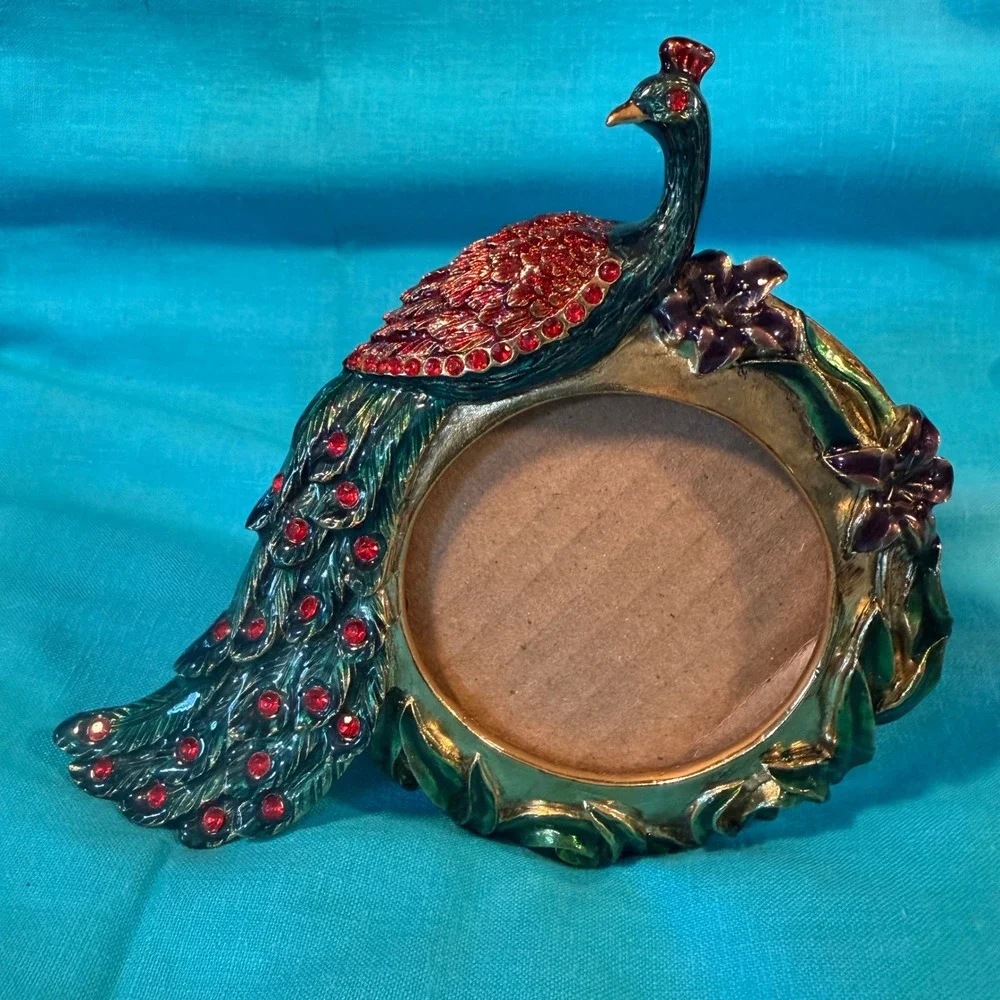 Vintage Style Peacock Enameled Picture Frame Red Rhinestone Floral Gold Tone 5in